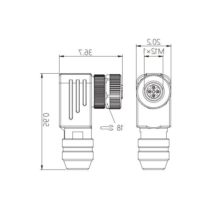 M12 4Pin， d编码，母头90°，螺纹连接，金属屏蔽，0CF141