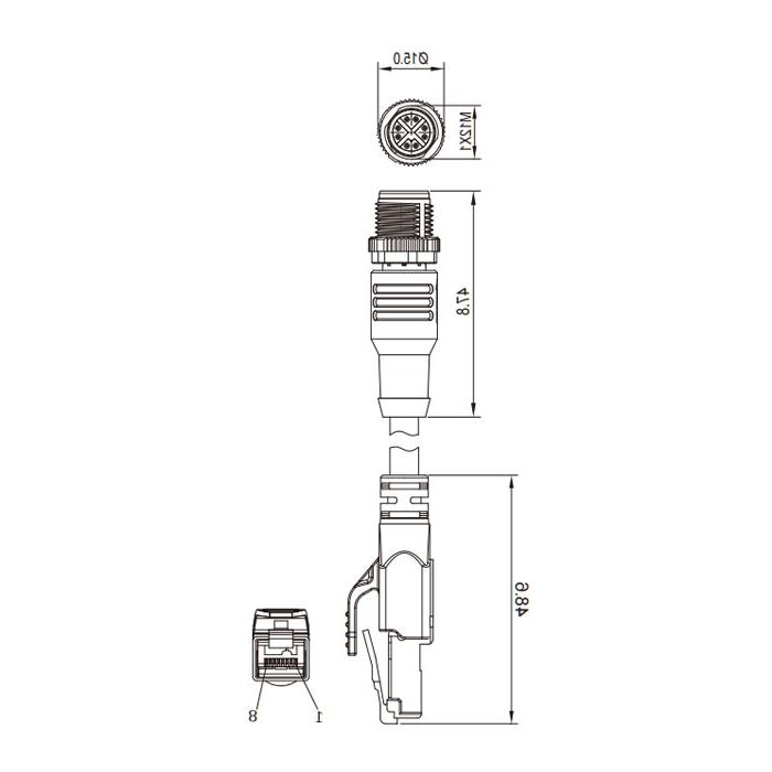 M12 8Pin (X-coded) Male straight turn RJ45 Male straight, double-ended pre-cast PVC non-flexible cable, shielded, blue sheath, Ethernet Cat.6a 10Gbps, 0CF463-XXX 