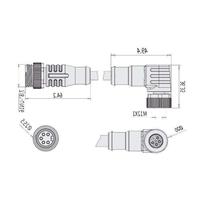 M12 5Pin母线90°，l编码/ 7/8”5Pin公线直线，双端预制PVC非柔性电缆，灰色护套，64L881-XXX