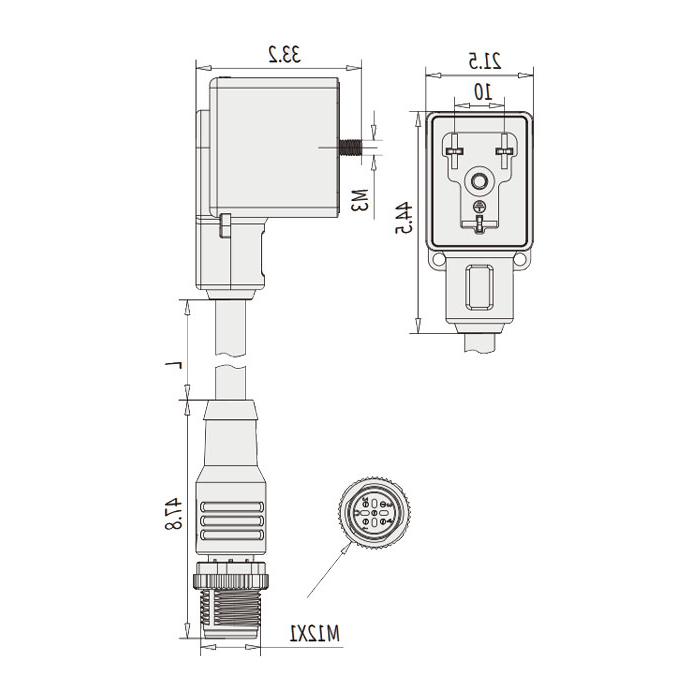 Valve plug Type B, DIN, 10mm, 3Pin/M12 male straight, double end pre-cast PVC non-flexible cable, grey sheathing, 6VB043-XXX