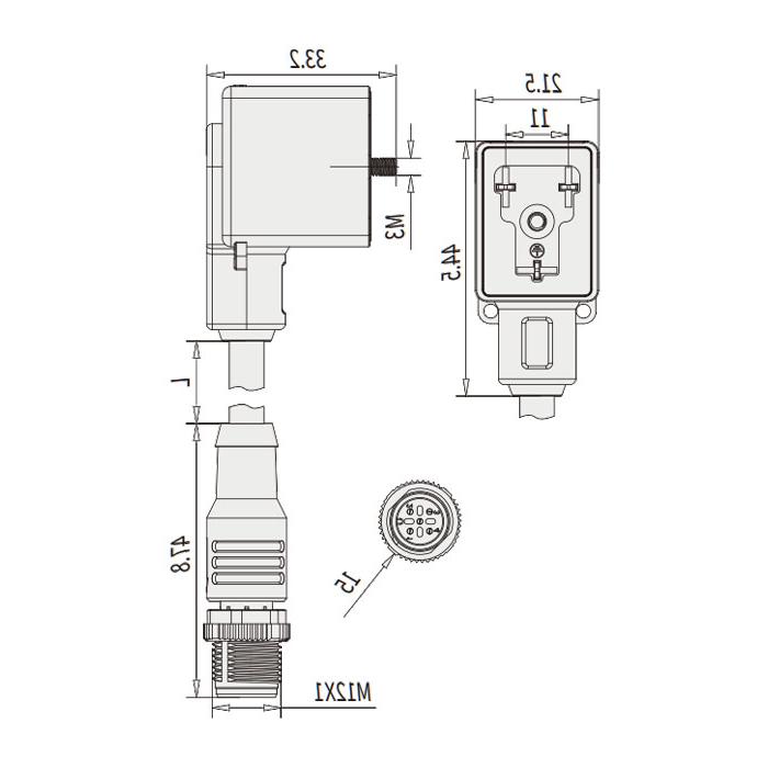 Valve plug Type B, Industrial, 11 mm, 3Pin/M12 male straight, double-ended pre-cast PVC non-flexible cable, grey sheathing, 6VB123-XXX